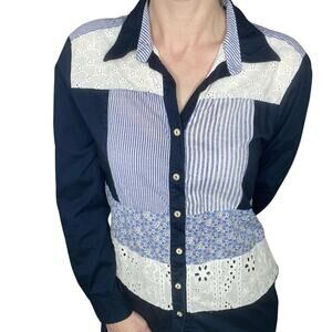 Cottagecore Blue Patchwork Eyelet Floral Striped Button-down Shirt Top Small